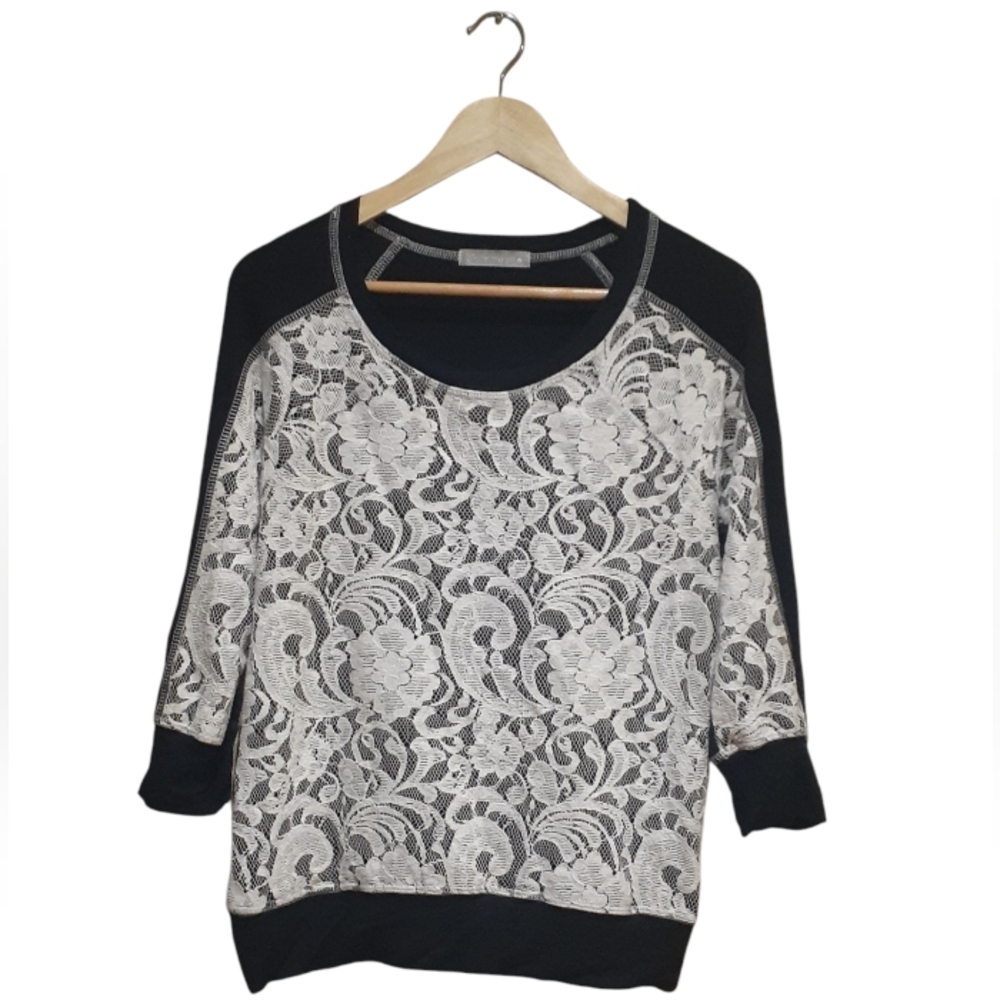 Olivia Moon Women's Black Lace 3/4 Sleeve Top Size Medium